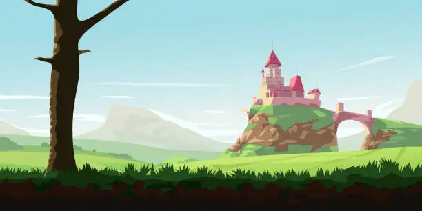 Vector illustration of a castle landscape sunny day parallax ready