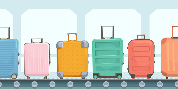 illustration of moving luggage on conveyor in airport cartoon style