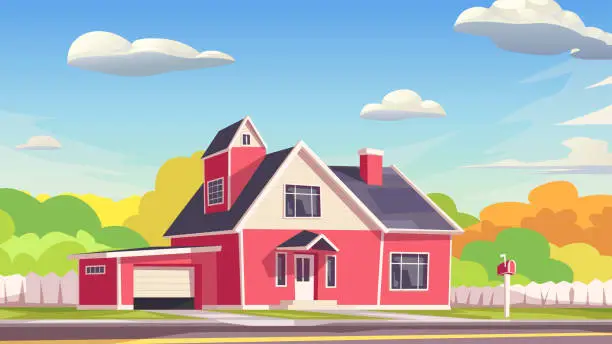 Vector illustration of red color cartoon house at sunny day