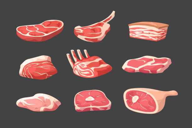 ilustraciones, imágenes clip art, dibujos animados e iconos de stock de varias carnes frescas en set on dark - veal meat raw steak