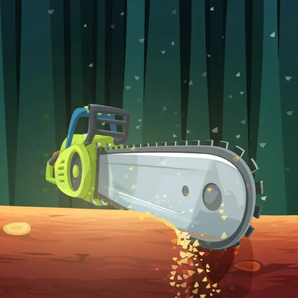 Vector illustration of a green chainsaw in tree with sawdust