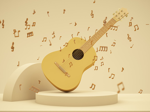 Simple Pastel Colour Guitar with Musical Notes. 3D Render