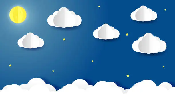 Vector illustration of Paper art of the sky with clouds and moon at night, Vector and Illustration.