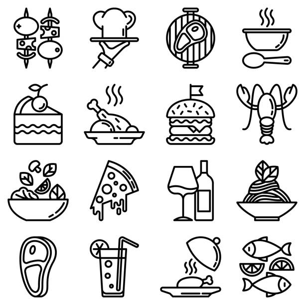 ilustrações de stock, clip art, desenhos animados e ícones de restaurant menu thin line icons set: starters, chef dish, bbq, soup, beef, steak, beverage, fish, salad, pizza, wine, seafood, burger. modern vector illustration - chef appetizer soup food