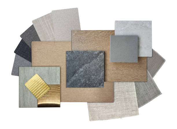 istock group of industrial interior material samples including stainless, copper aluminium, stone tiles, wooden veneer, quartz, fabric melamine, drapery isolated on background with clipping path. 1545310661