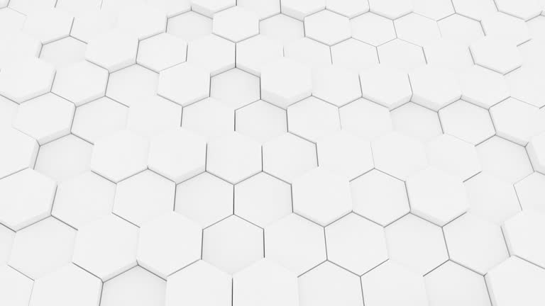 Abstract Hexagon Geometric Surface Loop. Light bright clean minimal hexagonal grid pattern, random waving motion background canvas in pure wall architectural white. Seamless loop 4K FullHD.