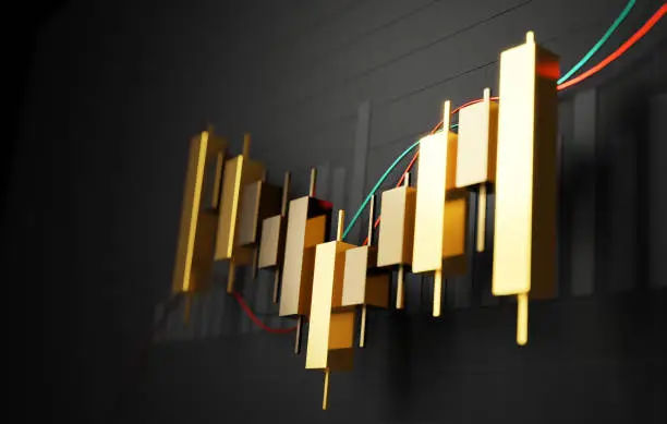 Financial analysis and trading success as a golden candlestick shines against a captivating black background, guiding you towards profitable ventures. 3d render illustration.