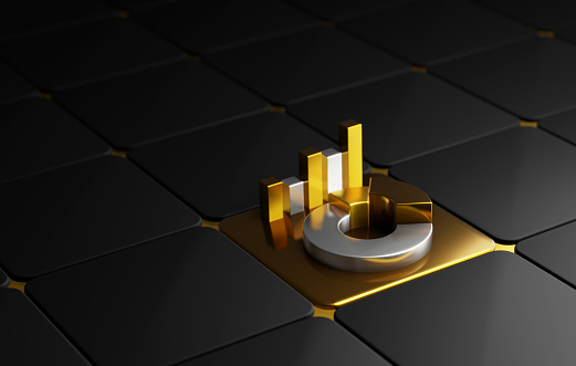 Golden bar graph and pie chart this modern infographic, showcasing visual representation of financial success and comprehensive market analysis delving into market trends. 3d render illustration.