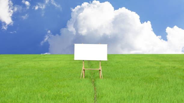 istock Blank billboards located on wide meadows with sky background and huge clouds. 1545345873
