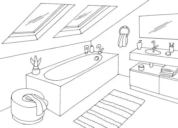 Vector illustration of Attic bathroom graphic home interior black white sketch illustration vector