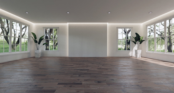 interior of the empty room hide lights led classic style, with wooden floors and tree and white walls decorated with white wood window. There are looking out to see the nature view in 3D rendering.