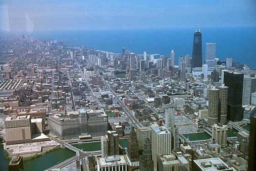 Chicago, Illinois, USA, 1981. View from an airplane over Chicago and Lake Michigan.