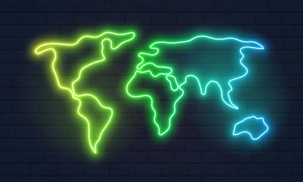 istock Glowing neon blue world map on brick wall background. Nightly brick wall. Purple background for neon lights. Vector illustration.  Brick wall background. Wallpaper is dark purple with shadows on the edges. Background for neon illustrations and other desig 1545416519