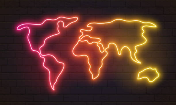 istock Glowing neon blue world map on brick wall background. Nightly brick wall. Purple background for neon lights. Vector illustration.  Brick wall background. Wallpaper is dark purple with shadows on the edges. Background for neon illustrations and other desig 1545416529