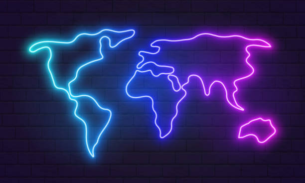 istock Glowing neon blue world map on brick wall background. Nightly brick wall. Purple background for neon lights. Vector illustration.  Brick wall background. Wallpaper is dark purple with shadows on the edges. Background for neon illustrations and other desig 1545417047