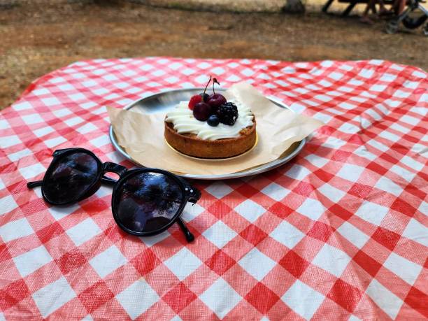 People making a picnic with sweet waffle and pancaces in the garden.