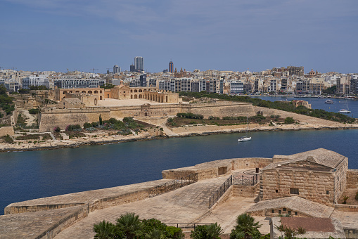 Valetta, Malta - June 8, 2023: Historic Fort Manoel viewed from the battlements of Valetta in Malta