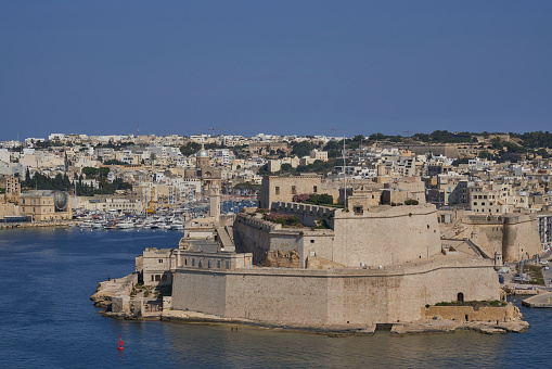 Valetta, Malta - June 8, 2023: View across the Grand Harbour from Upper Barrakka Gardens to Birgu and Senglea in Malta