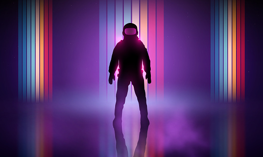 Retrowave, synthwave, vaporwave illustration with laser grid landscape in the starry space, through the brightly glowing pink portal a man in a spacesuit came out. Vintage Striped Retro Colors 80s