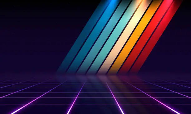 Vector illustration of Retrowave, synthwave, vaporwave illustration with laser grid landscape in the starry space, Vintage Striped Backgrounds, Posters, Banner Samples, Retro Colors from the 1970s 1980s, 70s, 80s, 90s.