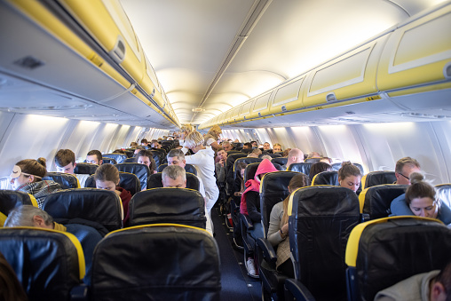 Tel Aviv Israel - December 08, 2018: Crowded Ryanair Flight. Boeing 737-800 interior.