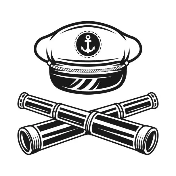 Vector illustration of Captain hat and two crossed spyglasses vector monochrome style illustration on graphic objects isolated on white background