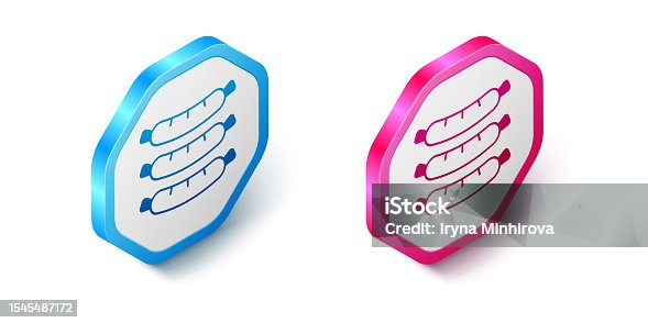 istock Isometric Sausage icon isolated on white background. Grilled sausage and aroma sign. Hexagon button. Vector 1545487172