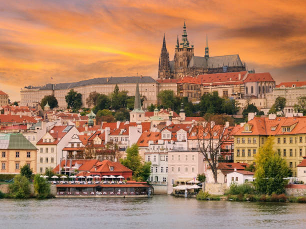 istock Czech city view with river at sunrise time 1545492394