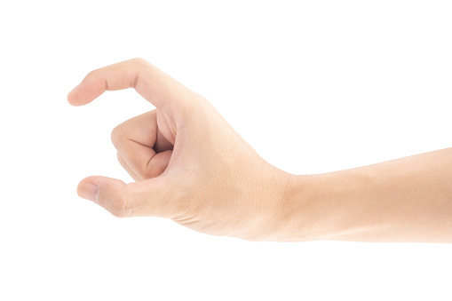 A hand holding or picking up something with the fingers, Isolated on white background, Clipping path Included.
