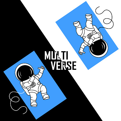 Multiverse with two astronauts from different worlds touching each other and being reflected upside down.
 Vector illustration for t-shirt print, book cover, label.