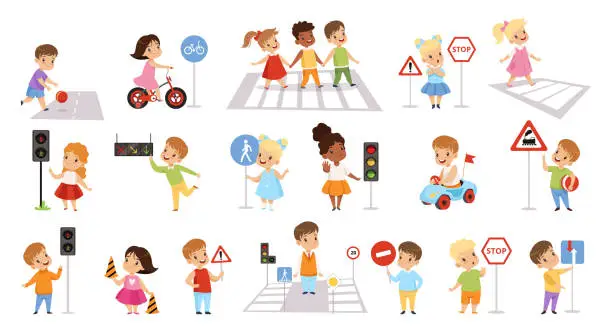 Vector illustration of Road safety rules for children set. Kids crossing street along crosswalk and learning about traffic signs cartoon vector Illustration