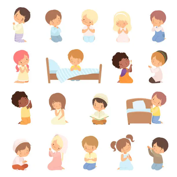 Vector illustration of Little Kid Kneeling and Praying with Folded Hands Big Vector Set