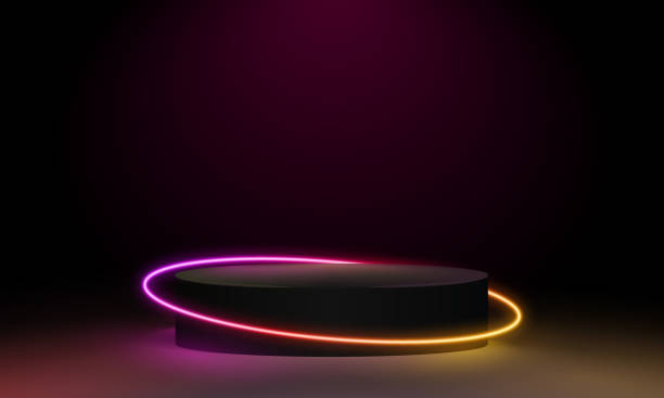istock Abstract cosmic vibrant color podium backdrop. Glowing neon lighting on dark background with copy space. Top view futuristic style. Neon podium with gradient neon frames 1545512812
