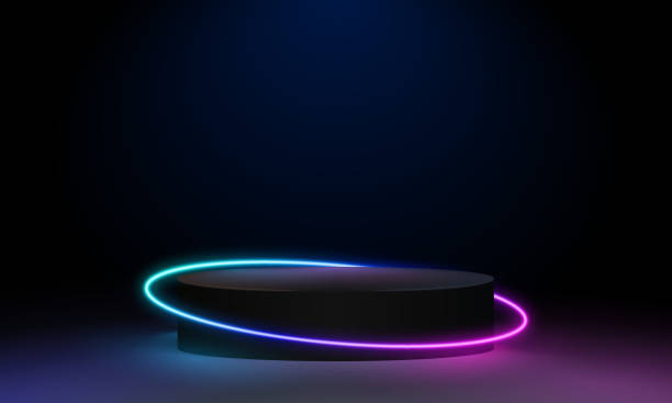 istock Abstract cosmic vibrant color podium backdrop. Glowing neon lighting on dark background with copy space. Top view futuristic style. Neon podium with gradient neon frames 1545512829