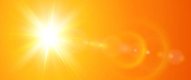 Sunny background, orange sun with lens flare, hot weather concept summer illustration. Sunny background, orange sun with lens flare, hot weather concept, vector summer illustration. temperature stock illustrations