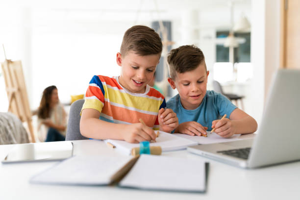 istock Smiling boys finishing online homework 1545521327