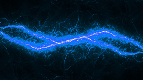 Blue burning fractal lightning background, electrical abstract