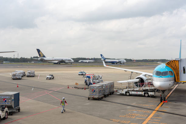Narita International Airport with Runway and Airplanes in Background. Narita, Japan - October 31, 2019: Narita International Airport with Runway and Airplanes in Background. nippon cargo airlines photos stock pictures, royalty-free photos & images