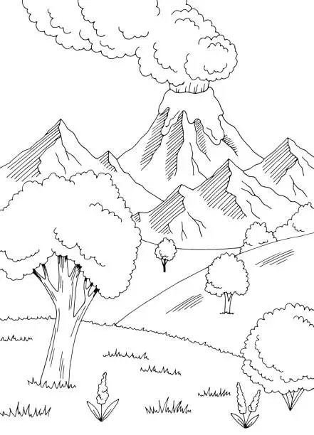 Vector illustration of Volcano mountain hill graphic black white sketch vertical landscape illustration vector