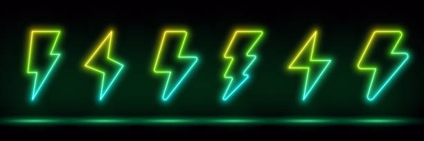 istock Neon lightning flash icon. Glowing neon thunder bolt sign, electrical discharge in vivid colors. Bright thunderbolt, electric storm, energy, power, recharge, high voltage. Icon set, sign, symbol for UI. Vector illustration 1545545058