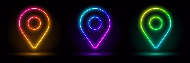 Vector 3d render, blue neon map marker frame, location, empty space, ultraviolet light, 80's retro style, fashion show stage, abstract background, illuminate frame design. Abstract cosmic vibrant geolocation icon. Glowing neon lighting futuristic style