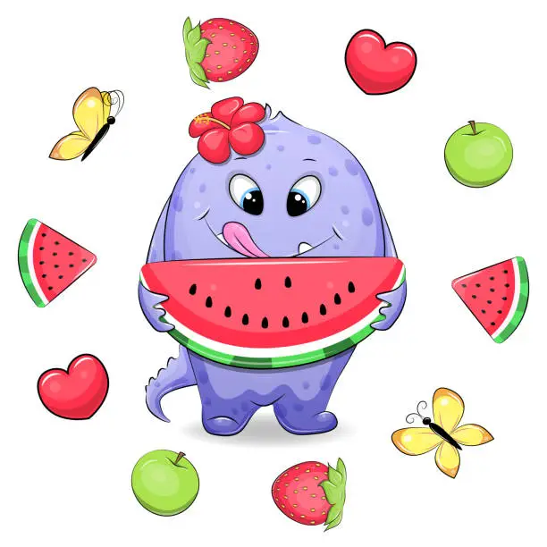 Vector illustration of Cute cartoon monster with watermelon and fruit frame.