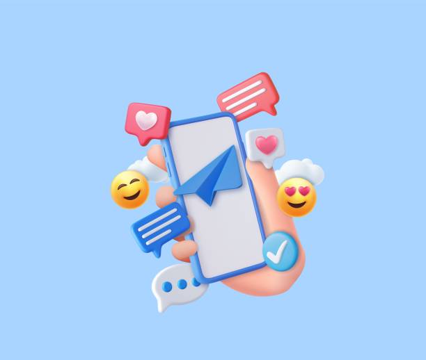 3d mobile phone with social network communication. 3d hand hold mobile phone with social network communication. Social media marketing. Smile emoticon and message concept. 3d rendering. Vector illustration heart emoji phone stock illustrations