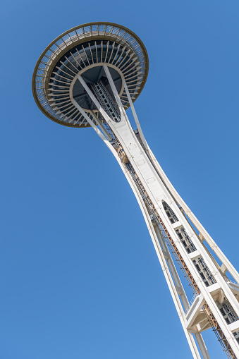 Dutch angle view of the Space Needle from Seattle Center, Seattle, Washington, USA