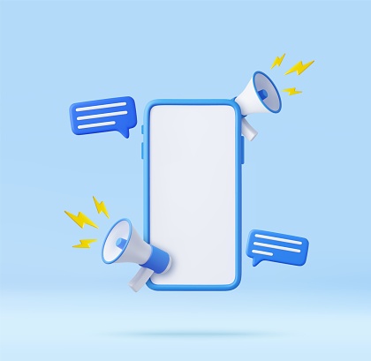 3d Phone screen and loudspeaker with speech bubble, megaphone with lightning, advertising and notification. Mock up display copy space. 3d rendering. Vector illustration