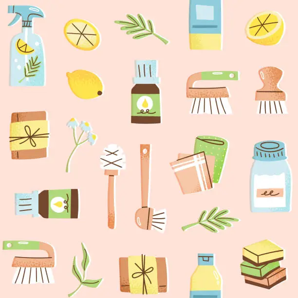 Vector illustration of Eco-friendly cleaning products seamless pattern
