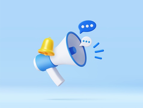 3D Cartoon Megaphone with Bell notification and speech bubble. Marketing time concept. Online news with loudspeaker. Social media promotion. 3d rendering. Vector illustration