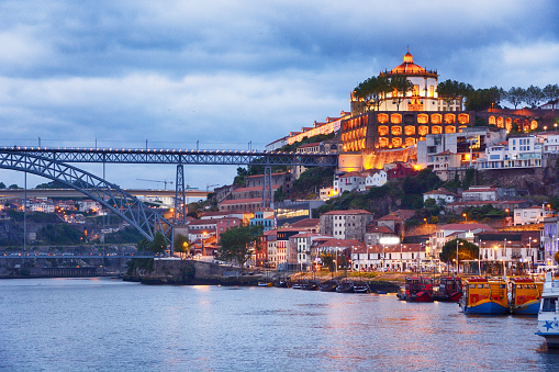 Porto cityscape over the Douro River and Dom Louis Bridge at night, Portugal