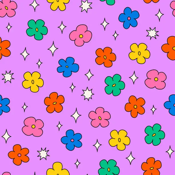 Vector illustration of Seamless pattern with colorful flowers and stars