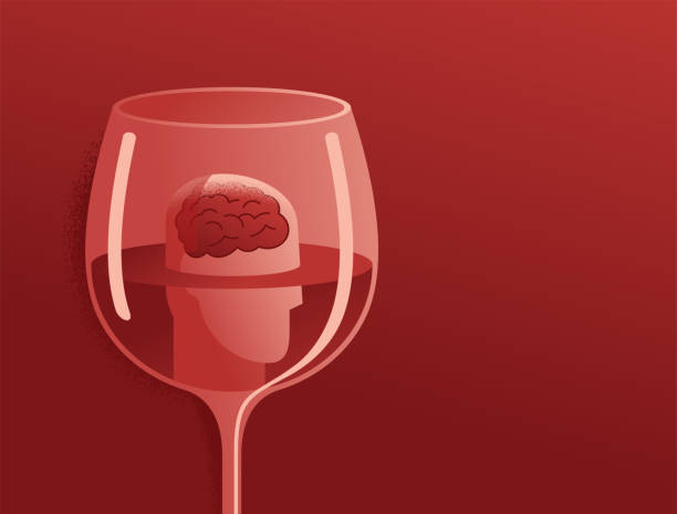 Alcohol impact the brain - head in glass of wine Alcohol impact the brain - human head drowning in glass wine. Medical and psychological conceptual illustration brain eater stock illustrations